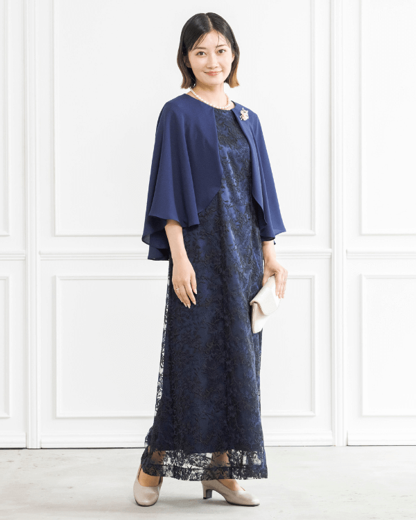 ネイビー 9号】エンブロイダリーレース ケープ付き ロングドレス｜東京