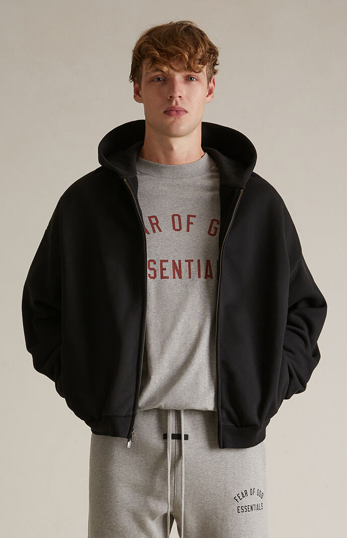 Fear of God ESSENTIALS Black Heavy Fleece Full Zip Hoodie | Pacsun