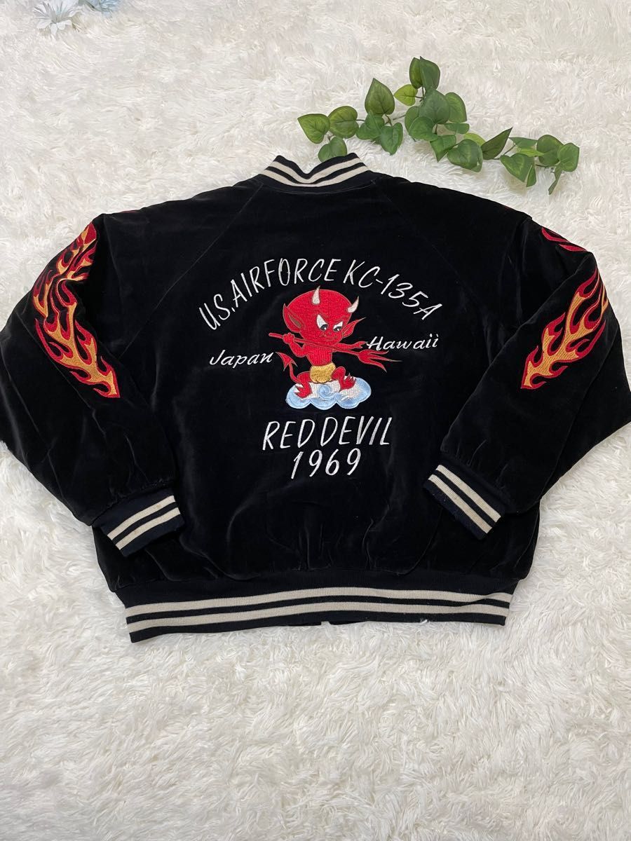 レッドホット スカジャン ブルゾン ジャケット ベロア 黒色 刺繍