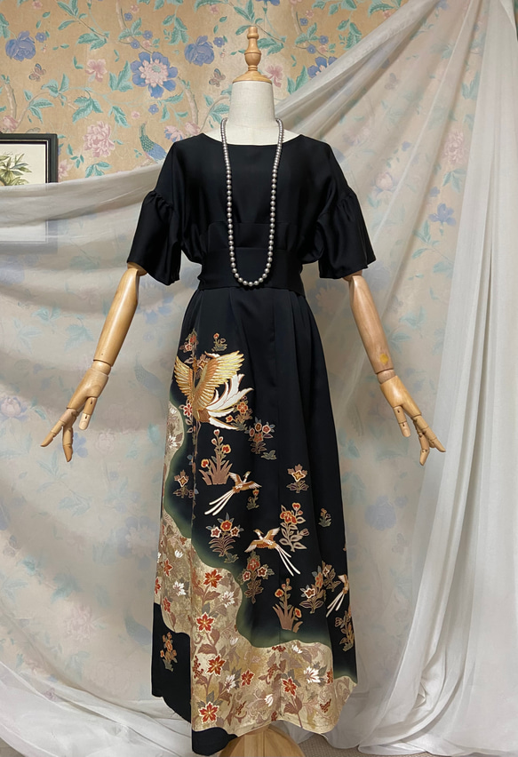 着物リメイク 黒留袖ドレス 金とプラチナ 鳳凰 ギャザースリーブ