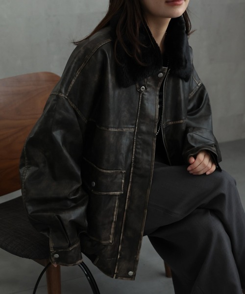 セール】【ファー襟取り外し可能】 フェイクレザーブルゾン