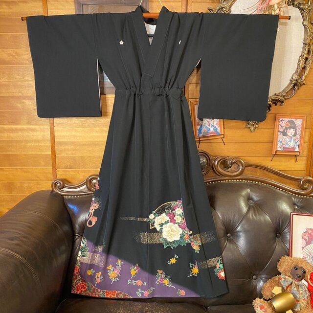 和洋折衷 黒留袖 着物 リメイク ロング ワンピース ドレス 洗える 化繊