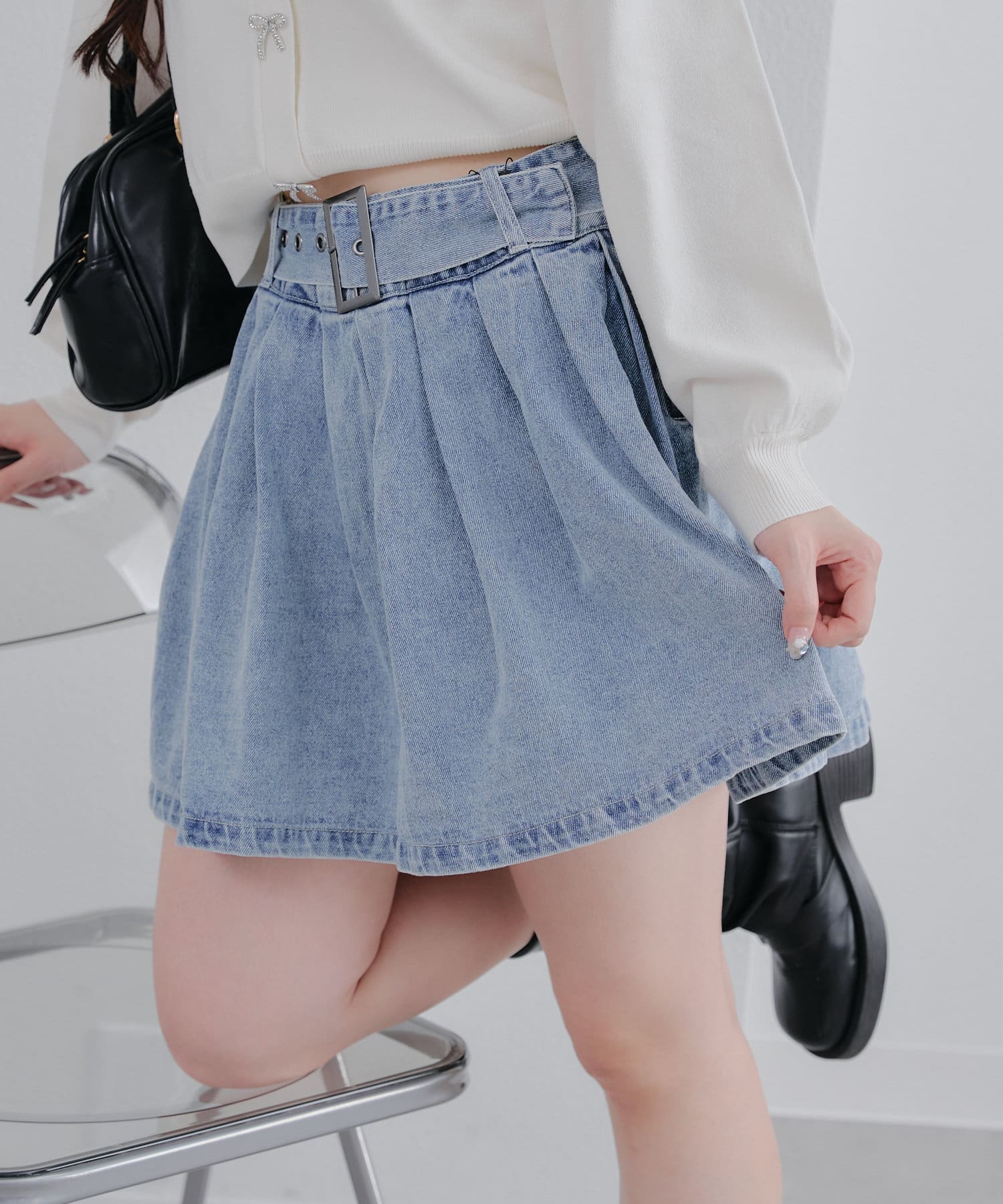 春の新作】【OUTLET限定】デニムベルト付きプリーツミニスカート