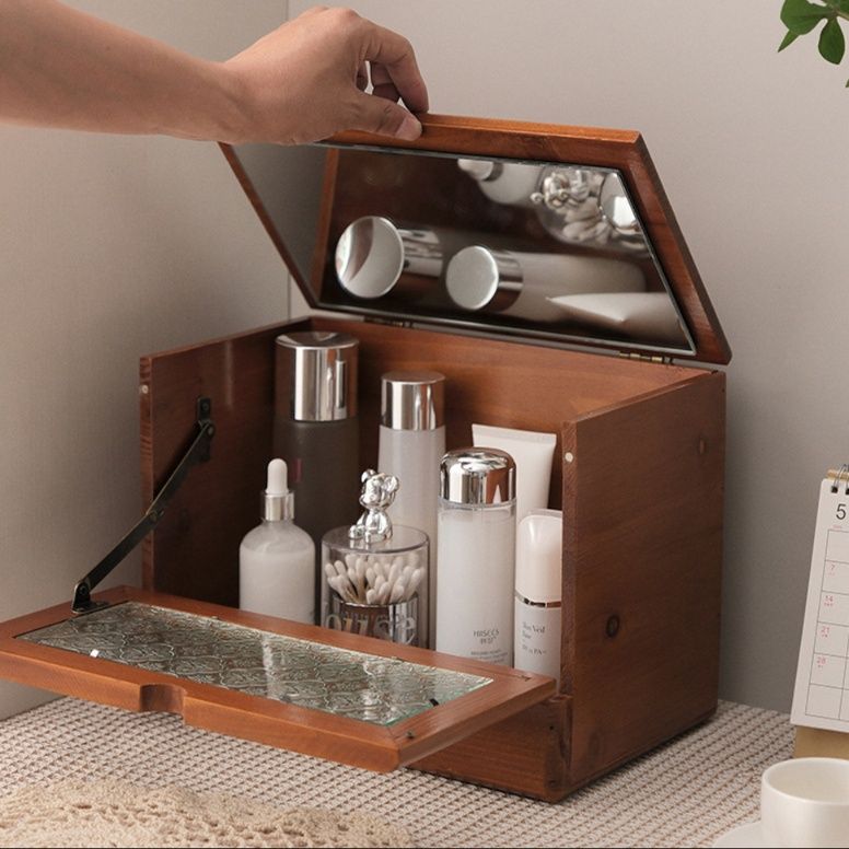 メイクボックス ミラー付き二段式木製収納ボックス メイク ボックス
