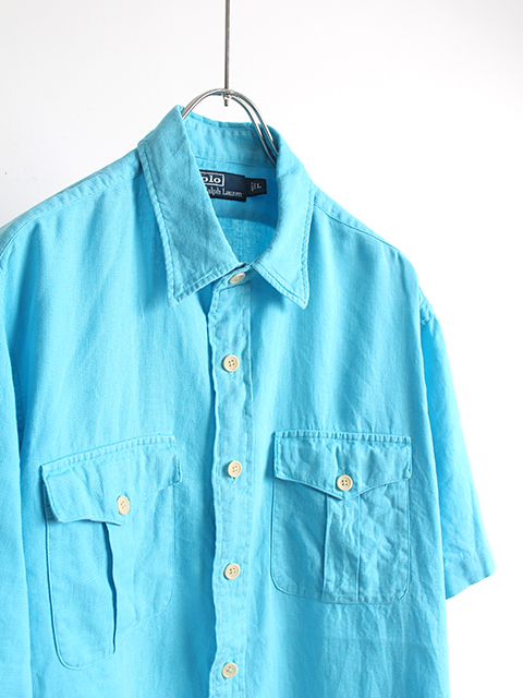 USED】RALPH LAUREN SHORT SLEEVE COTTON LINEN SAFARI SHIRT size-L