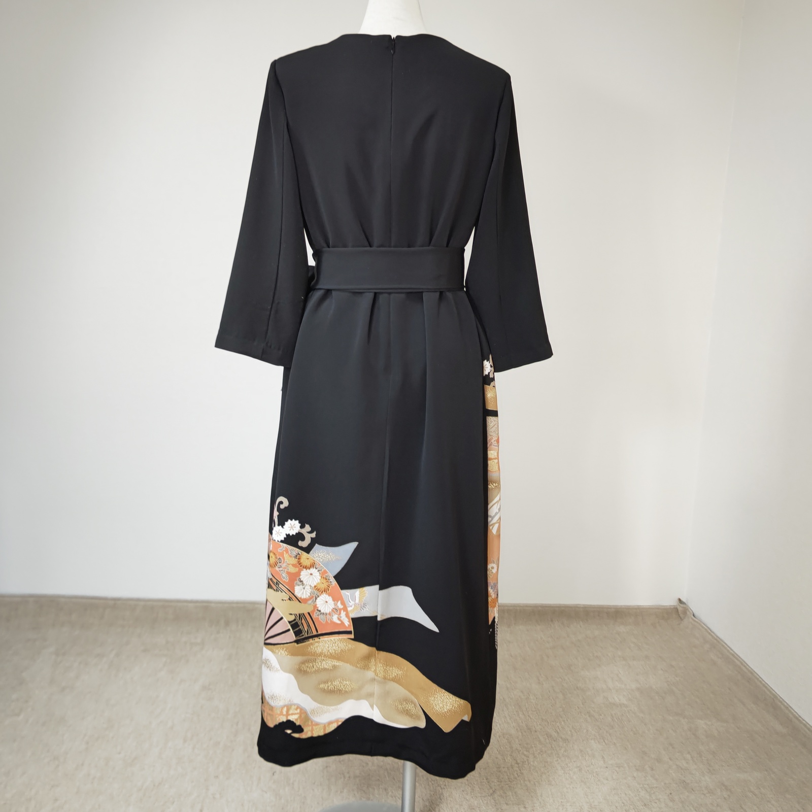 着物リメイク 13号 ワンピース 留袖ドレス 7分袖 ミモレ丈 裏付 扇